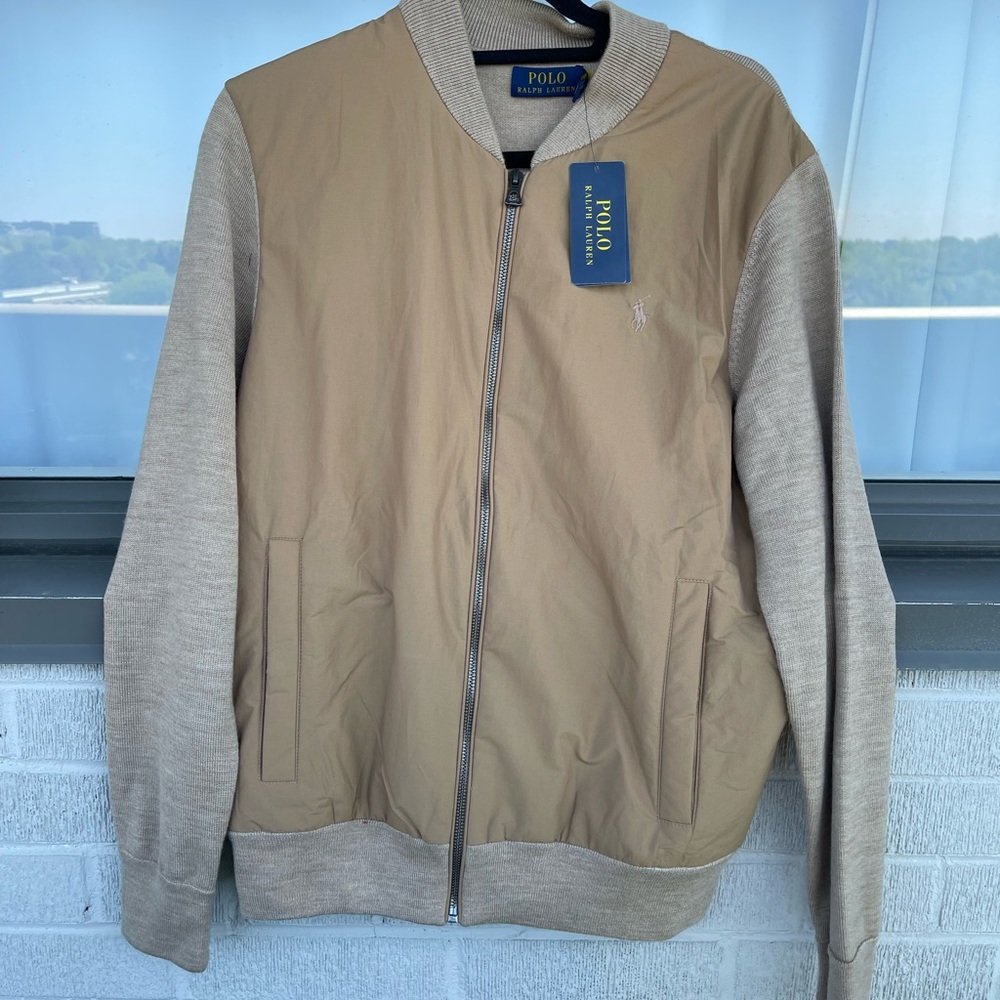 Ralph Lauren Tan Bomber Varsity Jacket with Ribbed Collar
